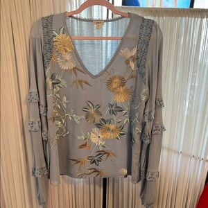 New Gray and Gold Ruffled Blouse with Long Sleeves